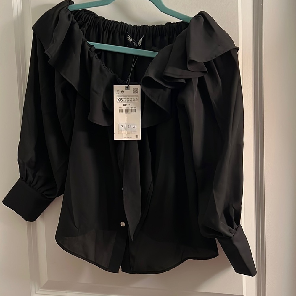 Zara Black button down ruffle blouse